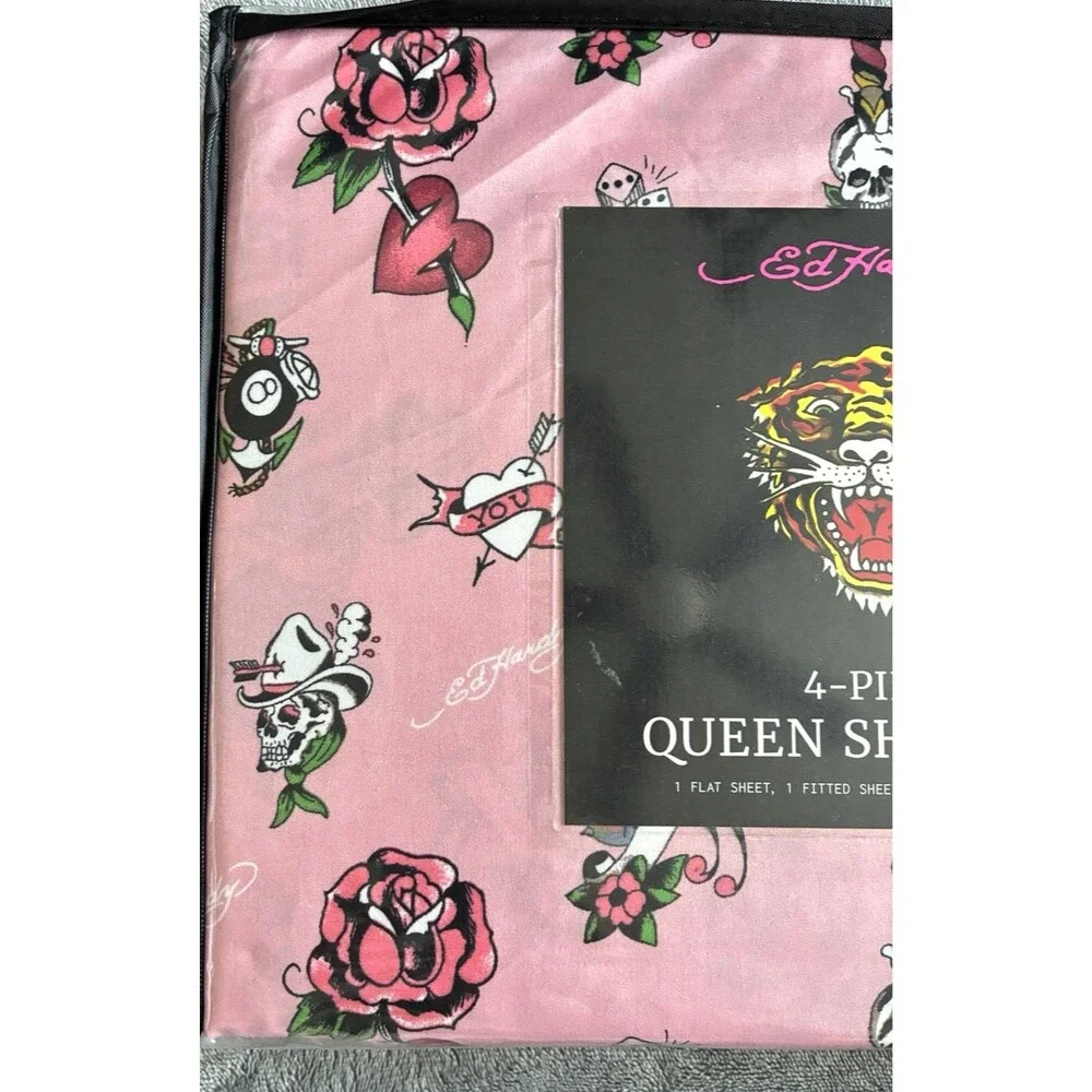 Ed Hardy Queen Sheet Set Pink Tattoo Rose Skull 4 Piece Bedding New